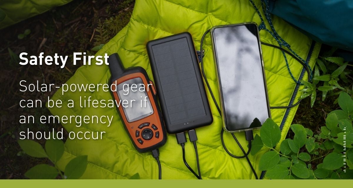 Safety first: Picture of three solar powered devices all lined up next to each other on green tent floor