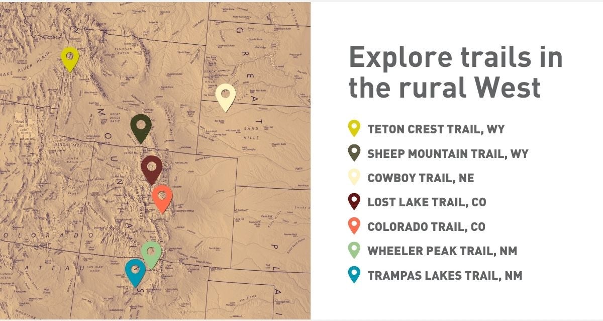 Explore trails in the rural West: Map of Colorado, Nebraska, New Mexico, and Wyoming with map pin-points of the member trails