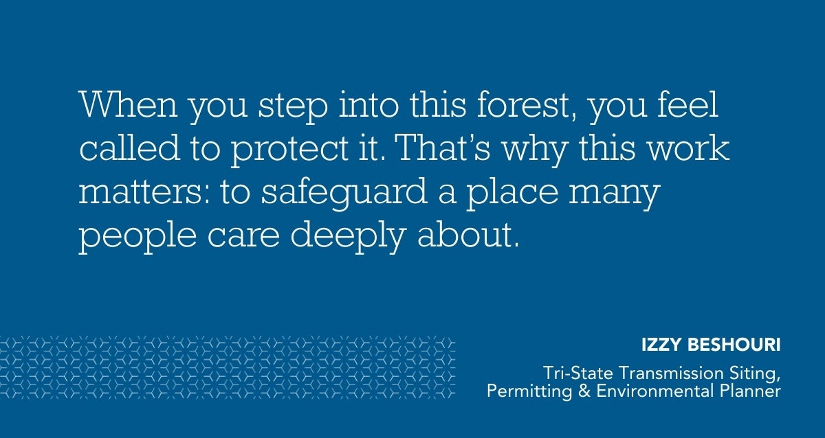 Quote card: “When you step into this forest, you feel called to protect it. That’s why this work matters: to safeguard a place many people care deeply about." Izzy Beshouri